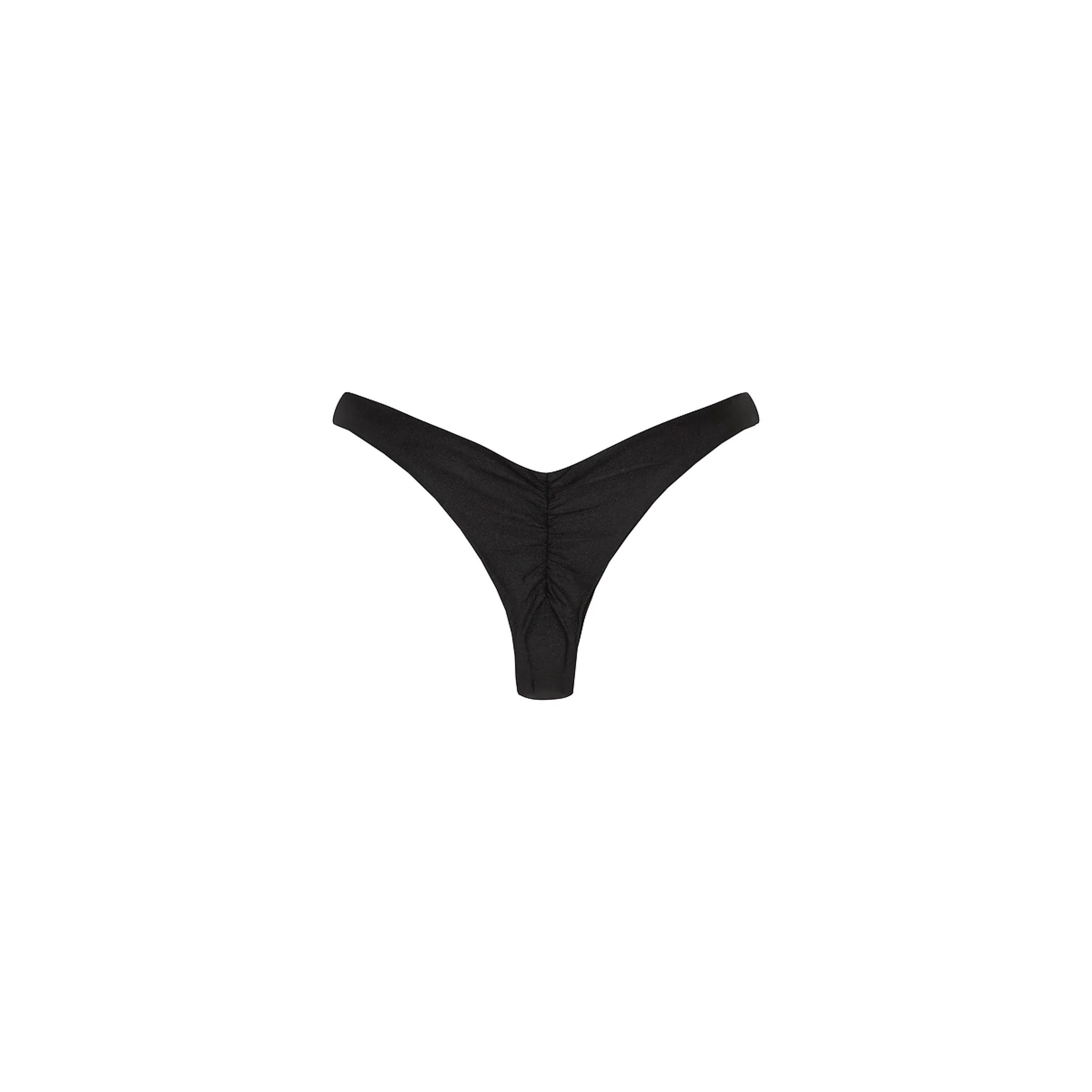 Gathered Deep V Thong Bikini Bottom - Twilight Black